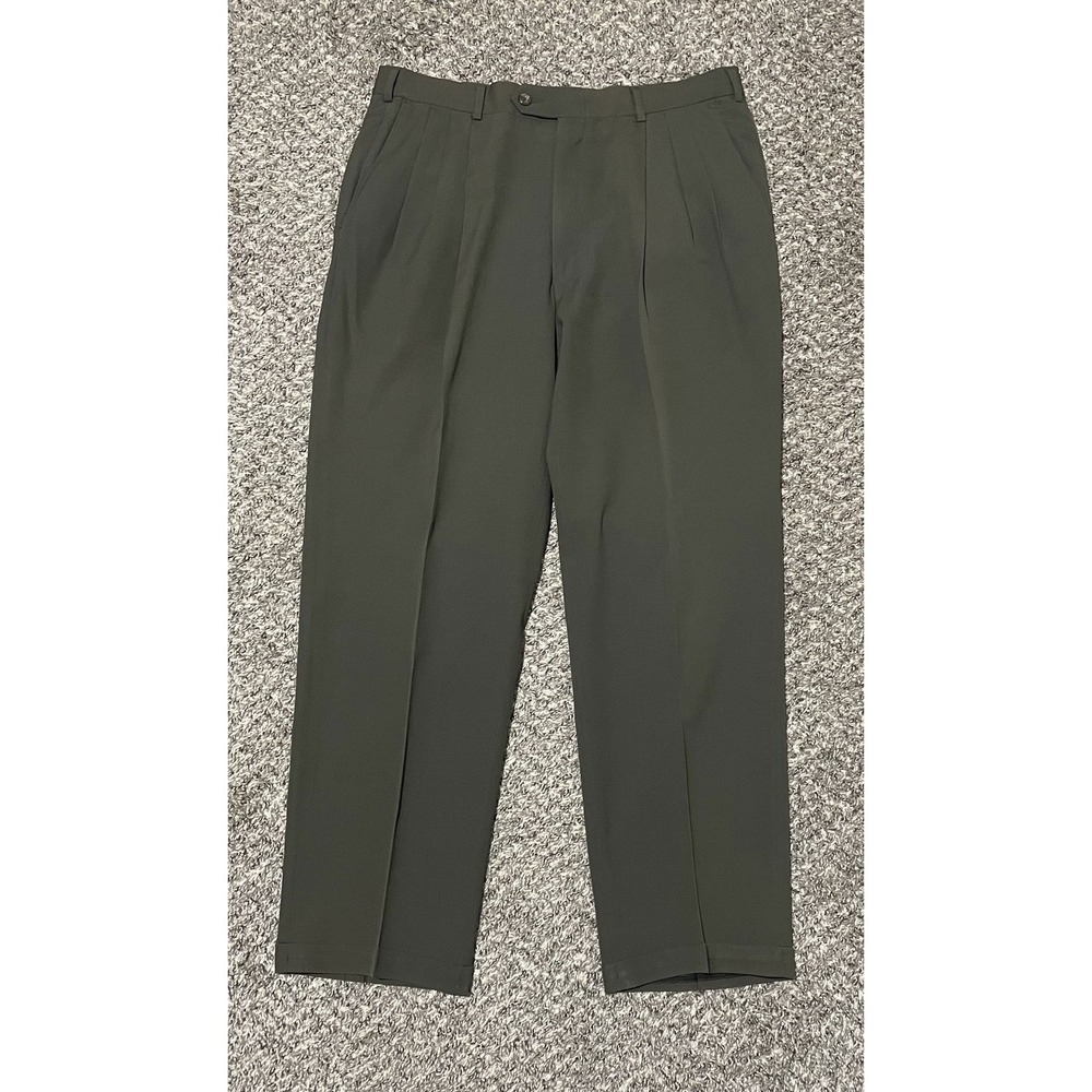 Hart Schaffner & Marx Mens Green Pure Virgin Wool Pleated Dress Pants 35x29